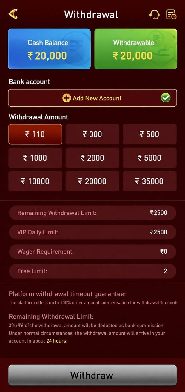 Withdrawal screen in the P77 app with saved bank account, rupee amount presets and the current withdrawal and wagering limits