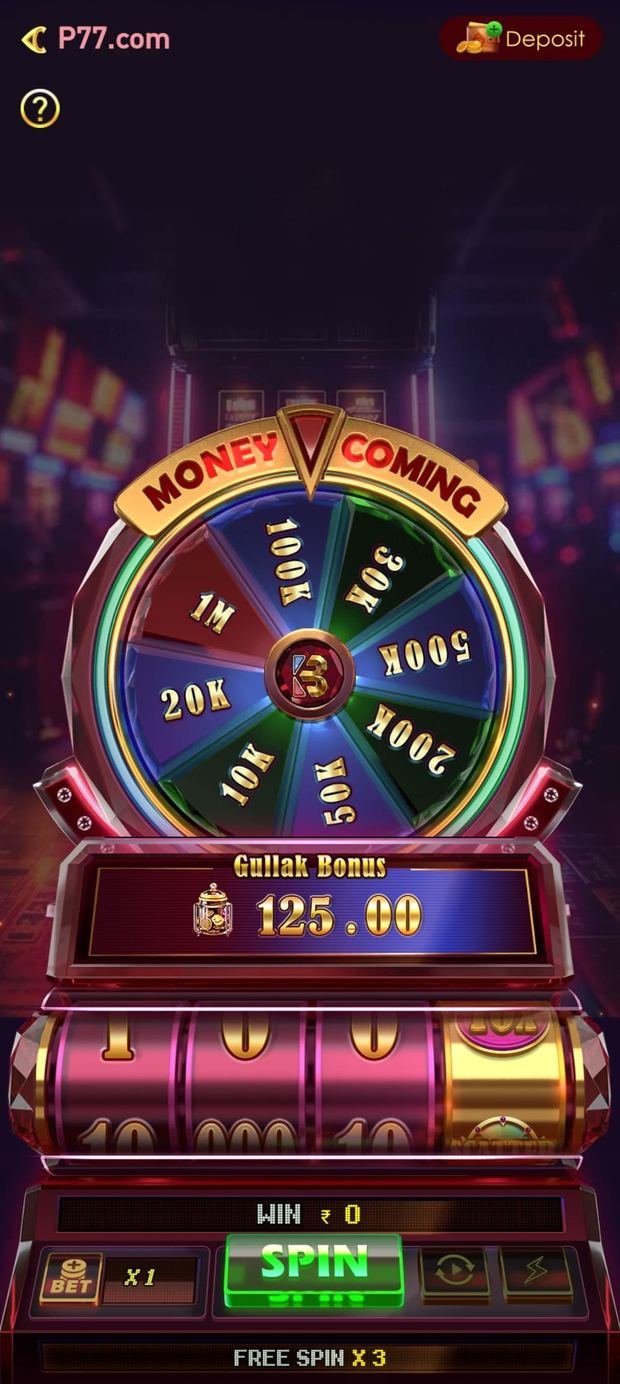 Money Coming slot game running inside the P77 game app, with the bonus wheel, reels and spin controls